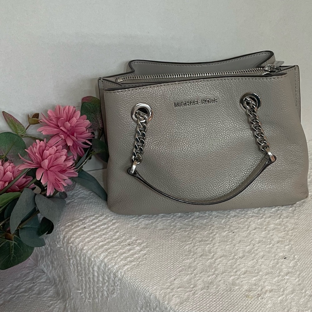 Michael Kors Small Teagan‎ Messenger Tote Bag Silver Chain Handle~~Gray
